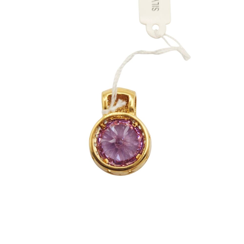 NWT Amethyst CZ Round Faceted Bezel Gold Tone Solitaire February Pendant NOS